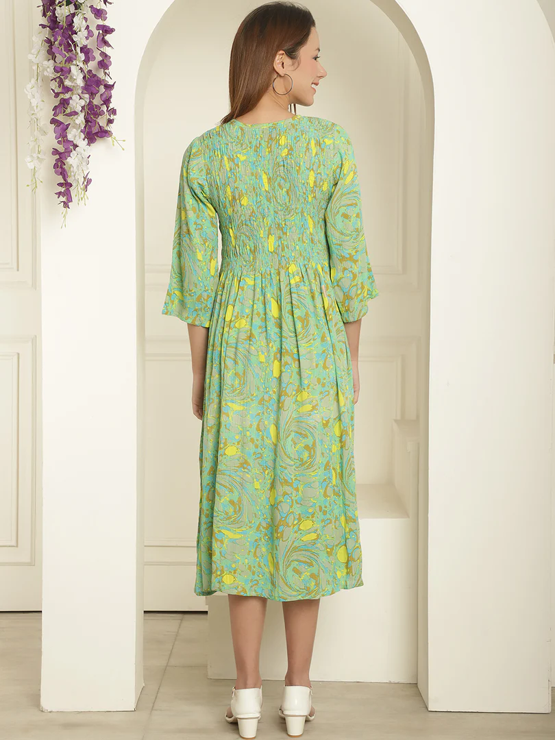 Aawari Abstract Printed Round Neck Smocked A-Line Midi Dress