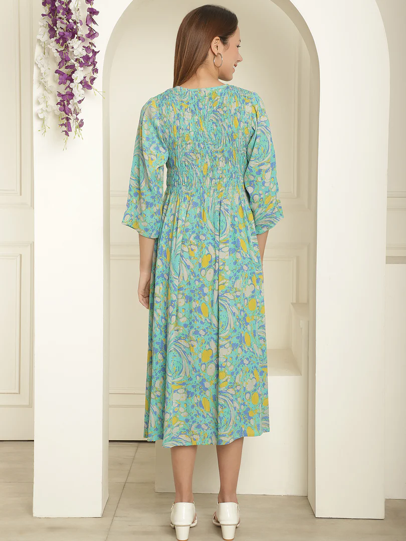 Aawari Abstract Printed Round Neck Smocked A-Line Midi Dress