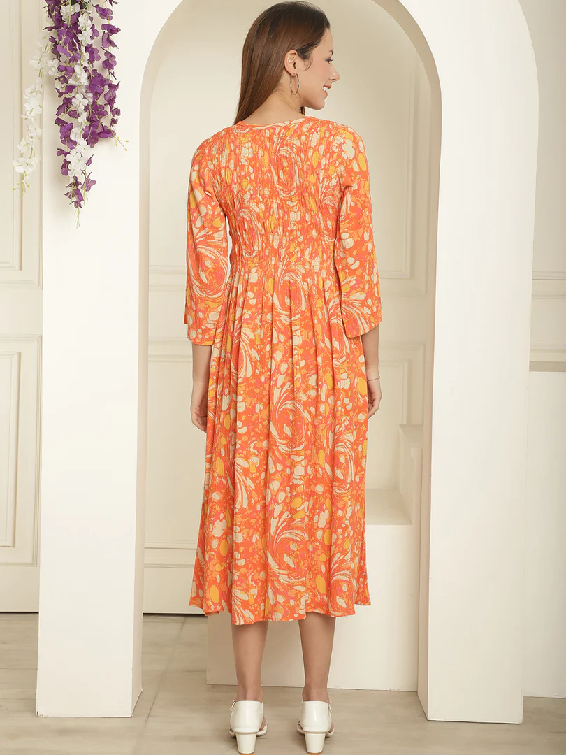 Aawari Abstract Printed Round Neck Smocked A-Line Midi Dress