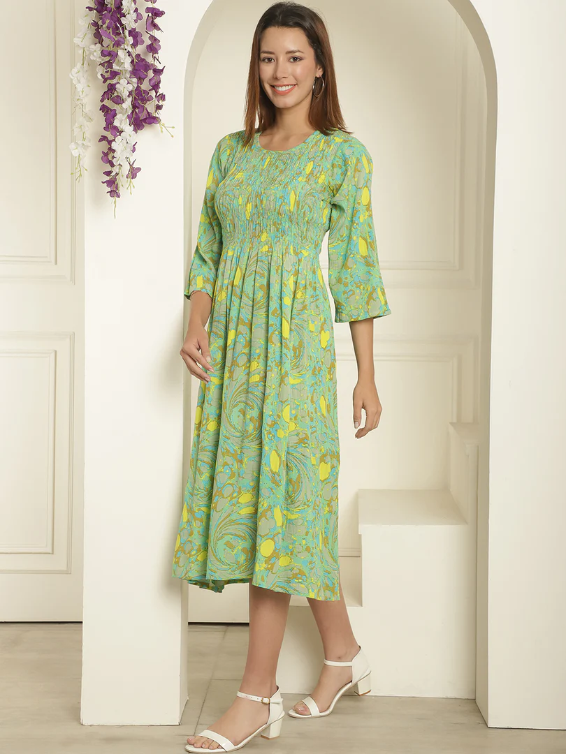 Aawari Abstract Printed Round Neck Smocked A-Line Midi Dress