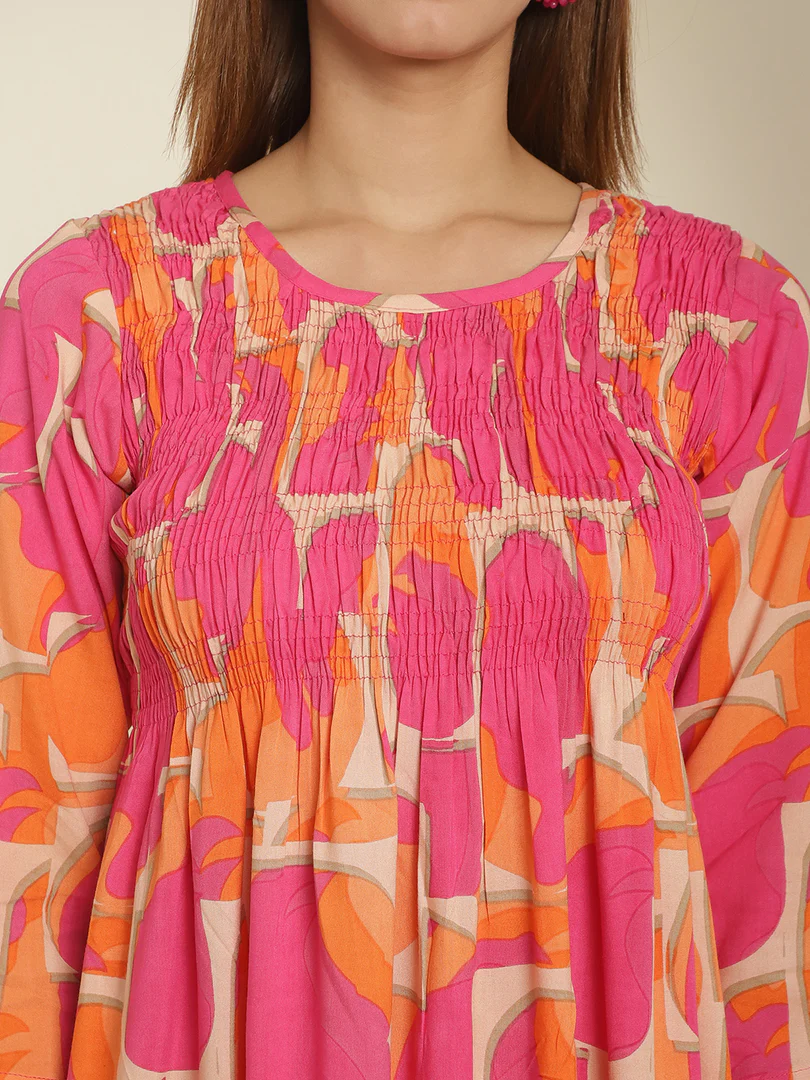 Aawari Abstract Printed Round Neck Smocked A-Line Midi Dress