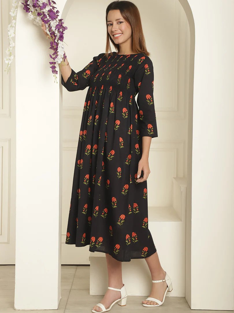 Aawari Abstract Printed Round Neck Smocked A-Line Midi Dress