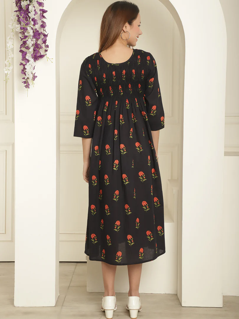 Aawari Abstract Printed Round Neck Smocked A-Line Midi Dress